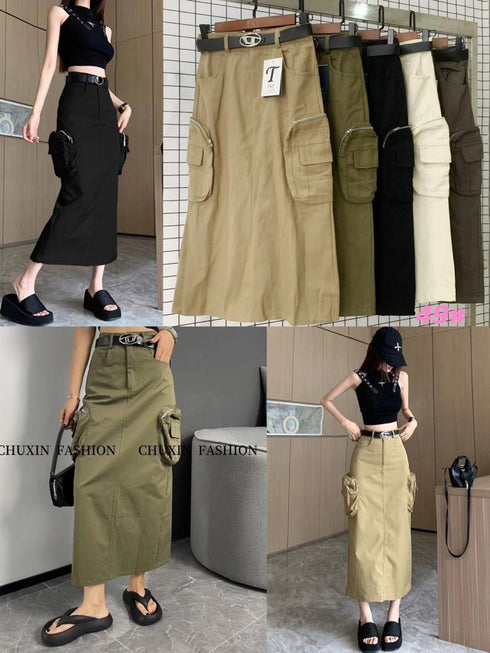 Casual A-Line Mid-Length Solid Color Pocket Cargo Skirts